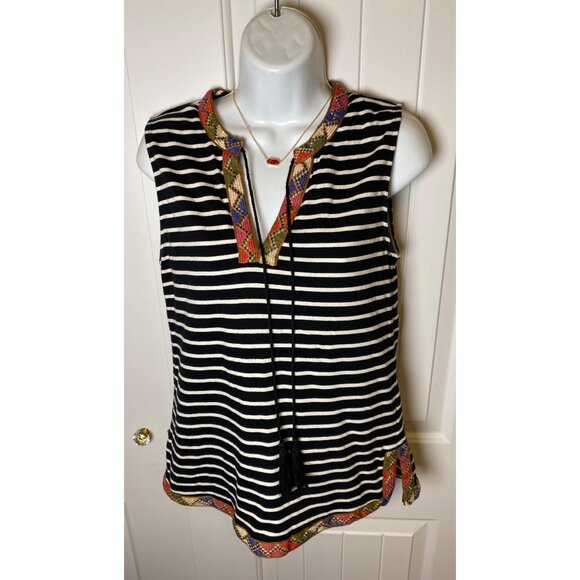 THML striped boho sleeveless top, Small, Embroidered Trim & Tassel Neckline - Picture 2 of 6